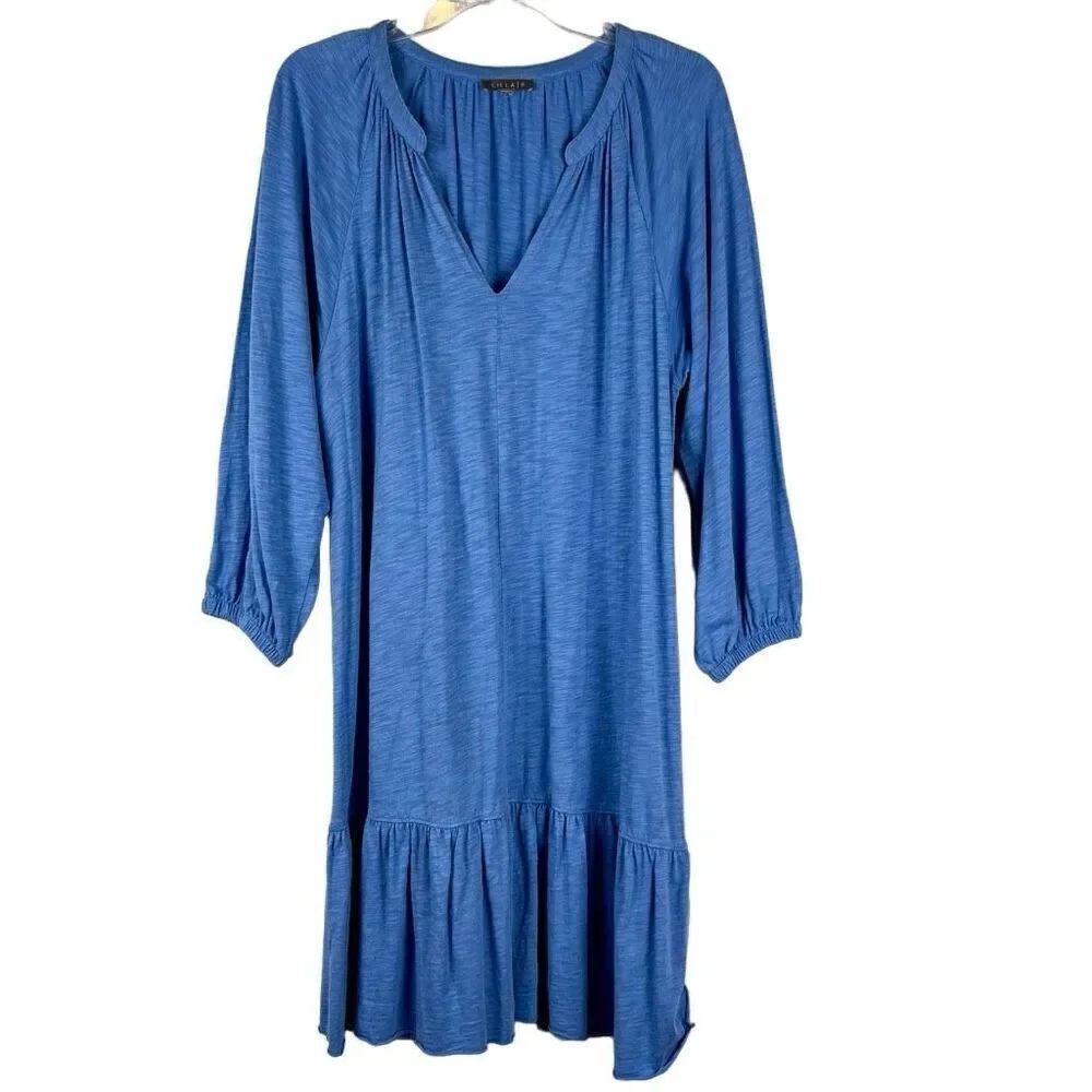 Lilla P Blue Raglan Long Sleeve V-Neck Ruffle Mini Dress